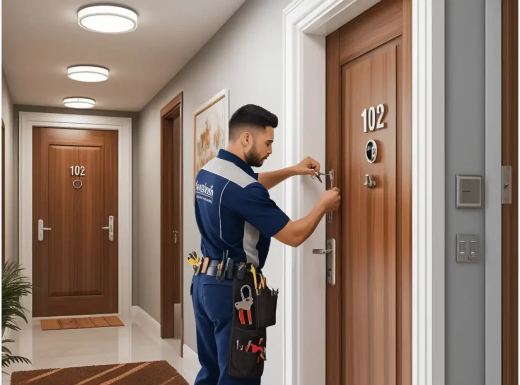cerrajero atendiendo apertura de puertas en la noche